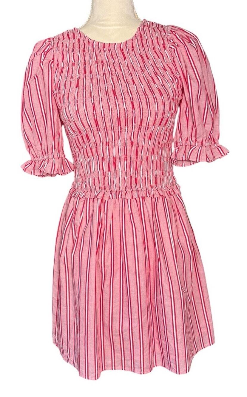 bohme Liana Bow‎ Tie Mini Dress Size XS Red Striped Smocked Puff Sleeves NEW